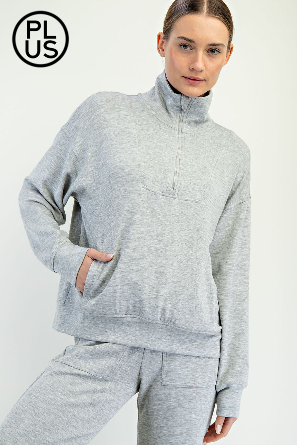Rae Mode Plus Size Modal Poly Span Quarter Zip Mock Neck Pullover
