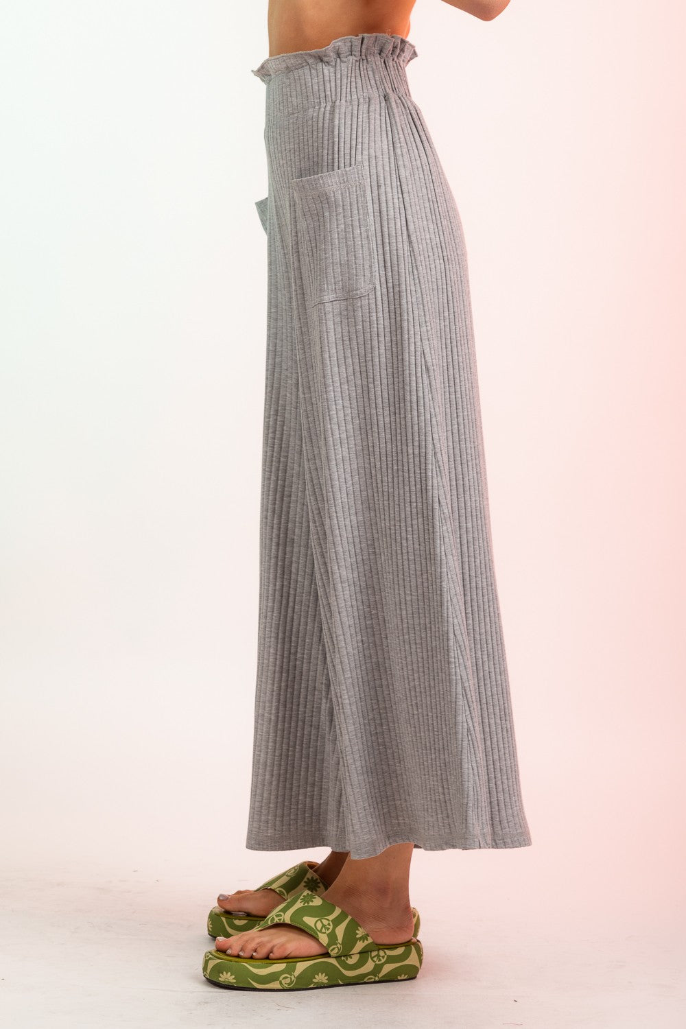 High Waisted Rib Wide Leg Pants with Pockets