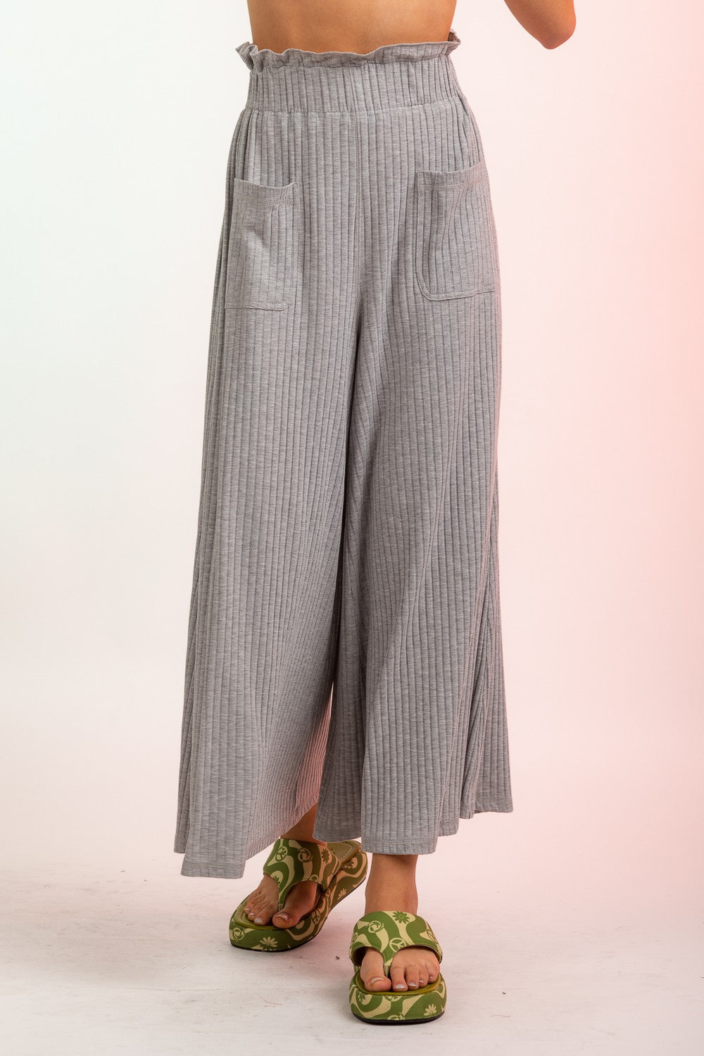 High Waisted Rib Wide Leg Pants with Pockets