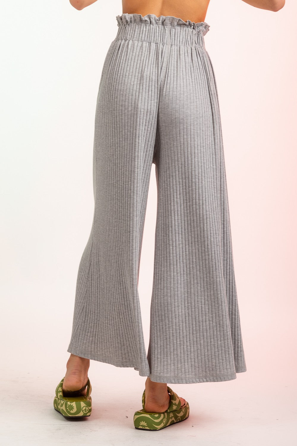 High Waisted Rib Wide Leg Pants with Pockets