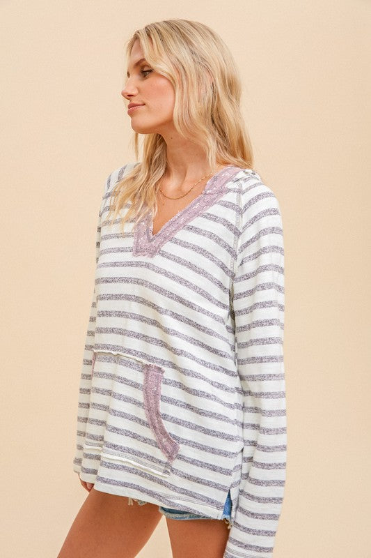 Stripe with Deep V Neck Pullover