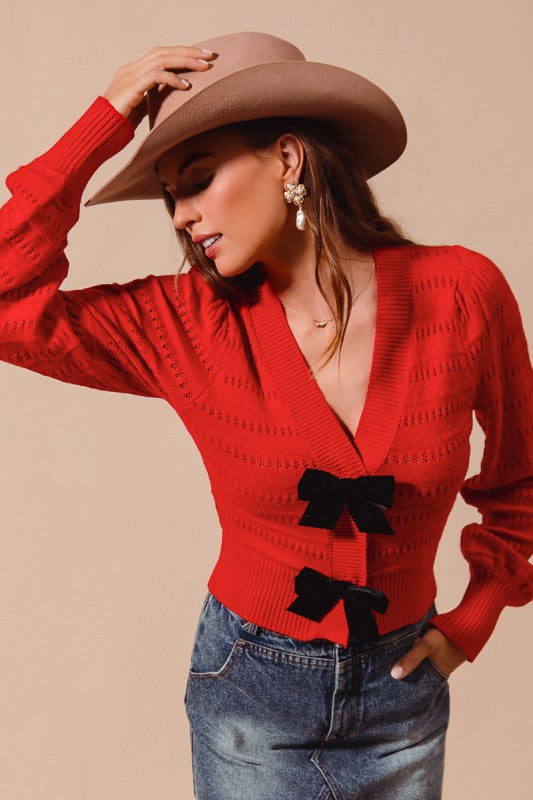Contrast Bow Front Sweater Cardigan