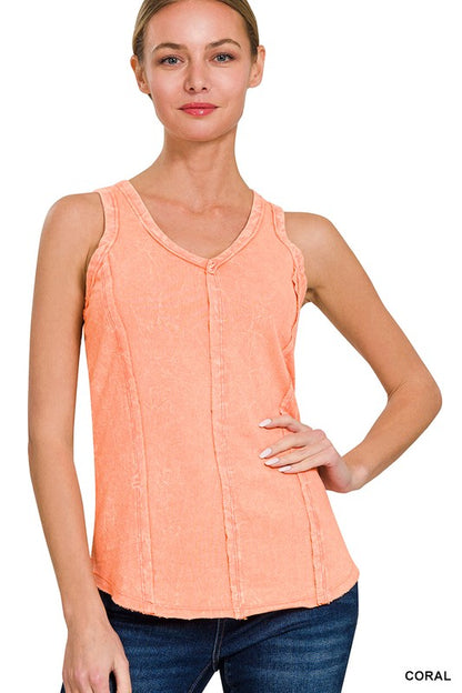 Crinkle Washed French Terry Raw Edge Tank Top - Coral