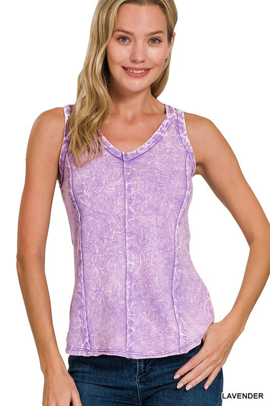 Crinkle Washed French Terry Raw Edge Tank Top - Lavender