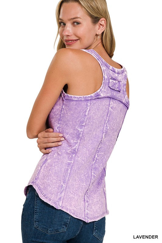 Crinkle Washed French Terry Raw Edge Tank Top - Lavender