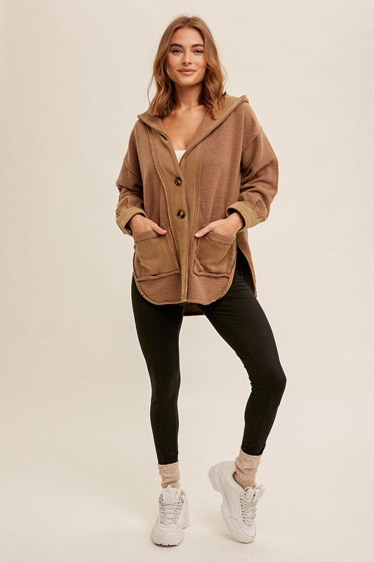 Hem & Thread Washed Fleece Hooded Cardigan