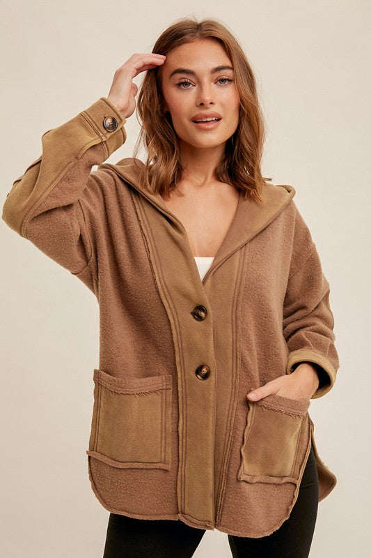 Hem & Thread Washed Fleece Hooded Cardigan