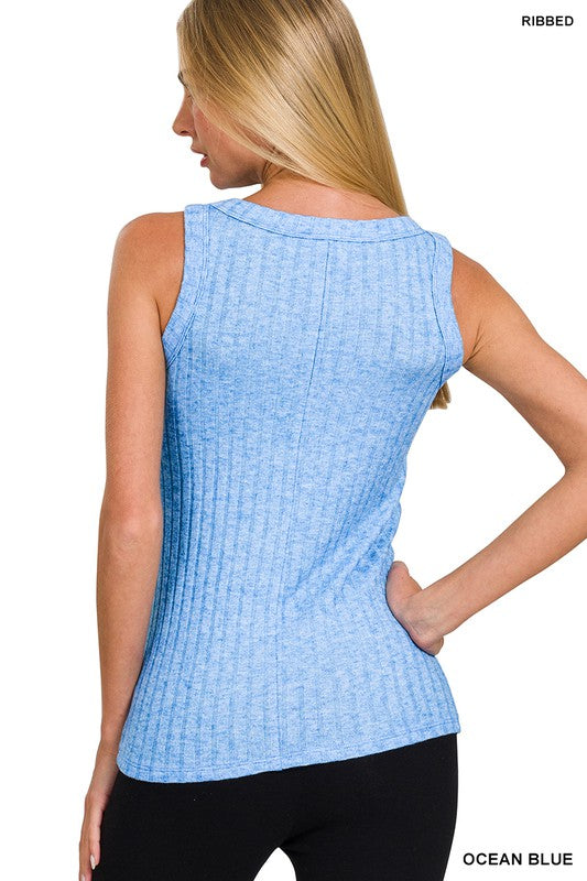 Ribbed Scoop Neck Sleeveless Tank - Ocean Blue