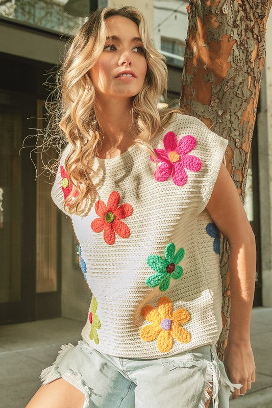Bibi Crochet Flower Sleeveless Knit Top