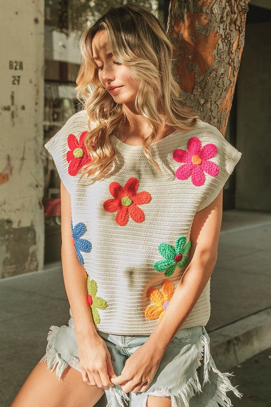 Bibi Crochet Flower Sleeveless Knit Top