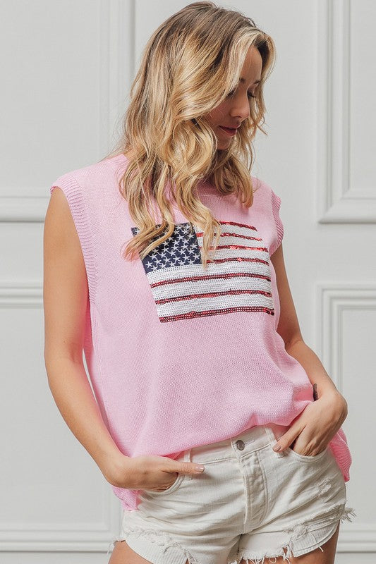 Bibi American Flag Sequin Patch Pink Sleeveless Knit Top