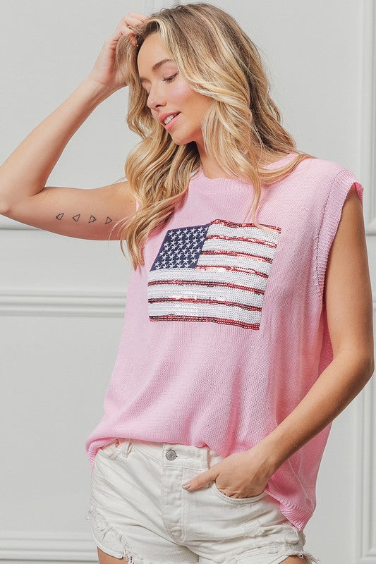 Bibi American Flag Sequin Patch Pink Sleeveless Knit Top