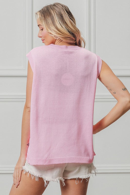 Bibi American Flag Sequin Patch Pink Sleeveless Knit Top