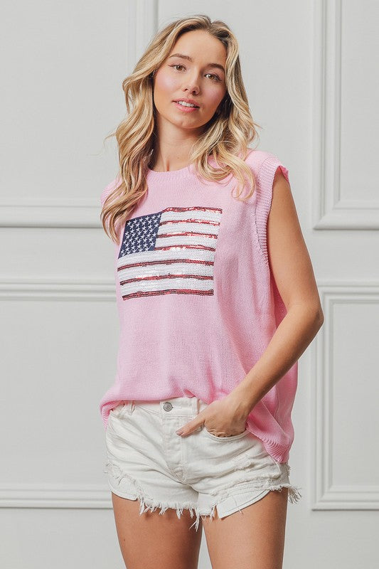Bibi American Flag Sequin Patch Pink Sleeveless Knit Top