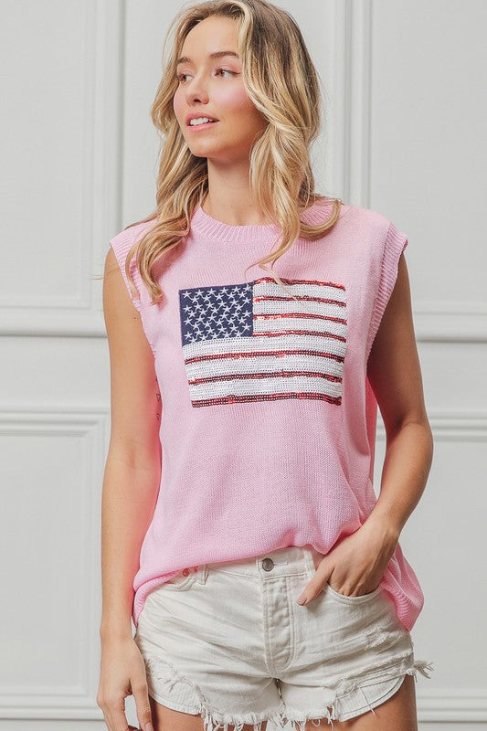 Bibi American Flag Sequin Patch Pink Sleeveless Knit Top