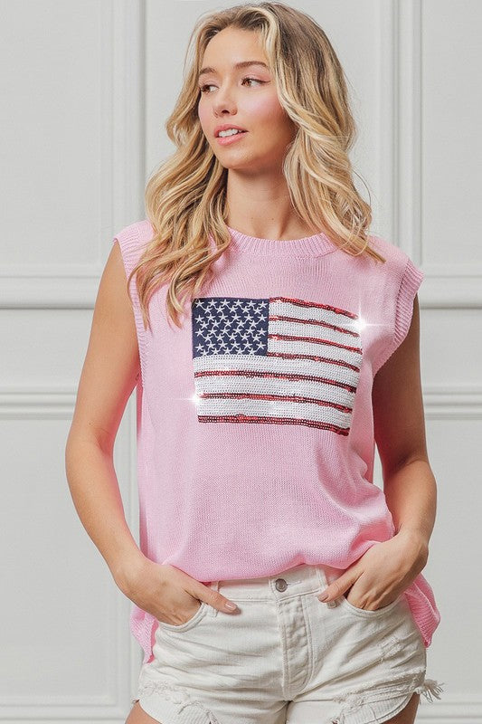 Bibi American Flag Sequin Patch Pink Sleeveless Knit Top