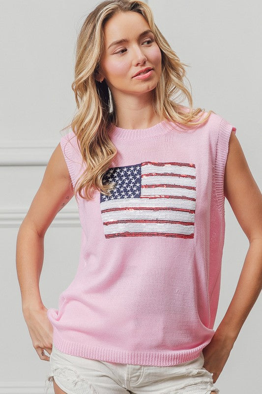 Bibi American Flag Sequin Patch Pink Sleeveless Knit Top