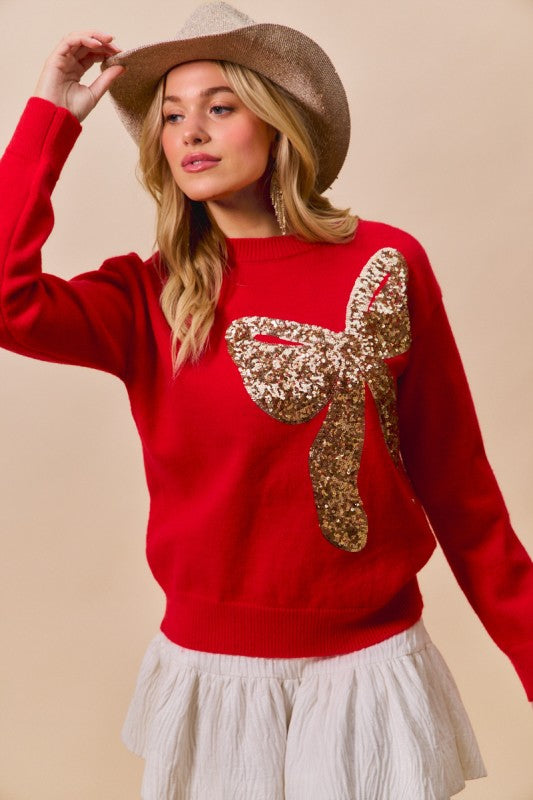 Big Sequins Ribbon Christmas Holidy Sweater Top - Red/Gold