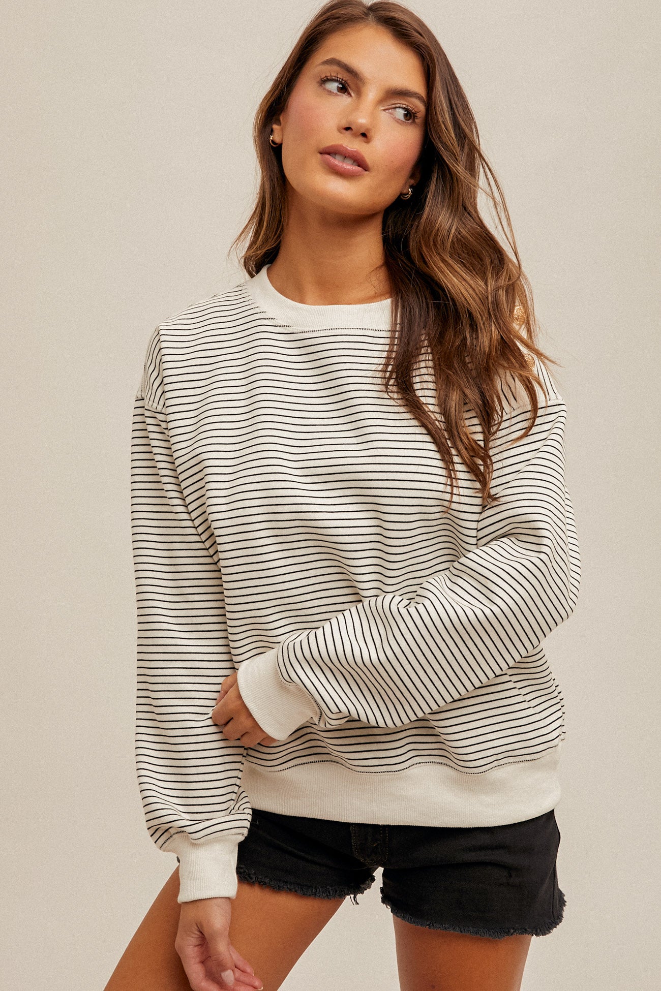 Hem & Thread Fleece Stripe Sweatshirt with Button Detail