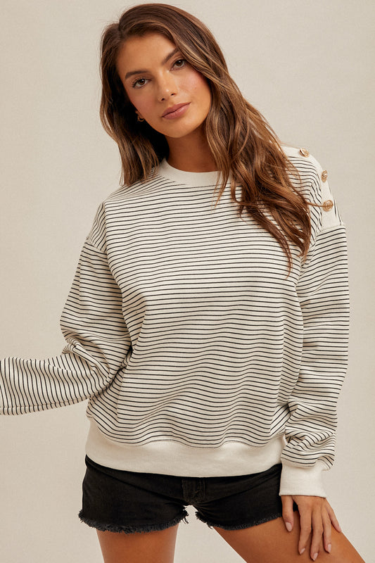 Hem & Thread Fleece Stripe Sweatshirt with Button Detail