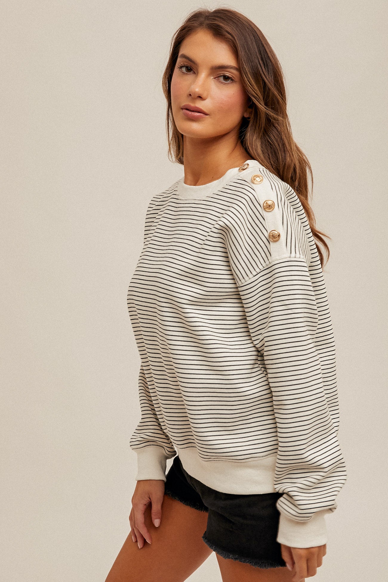 Hem & Thread Fleece Stripe Sweatshirt with Button Detail