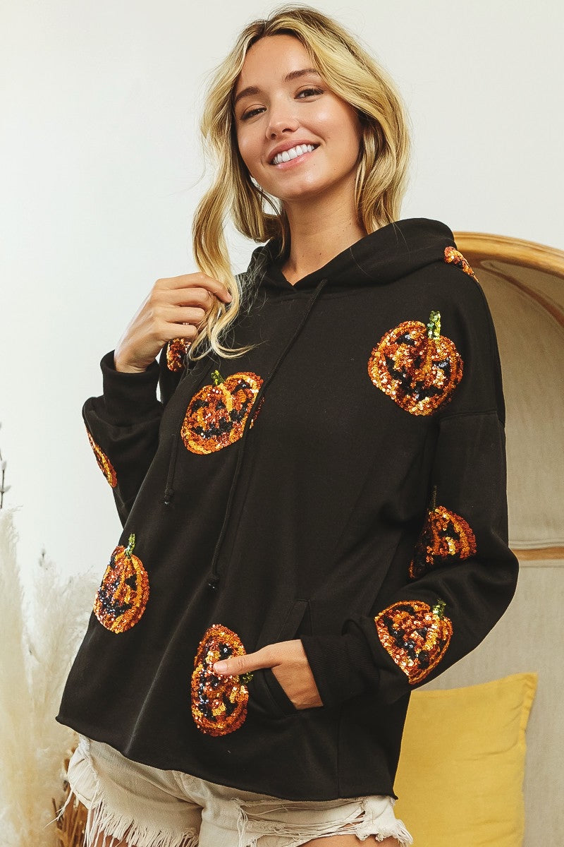 SEQUIN PUMPKIN PATCHES ALLOVER HOODIE