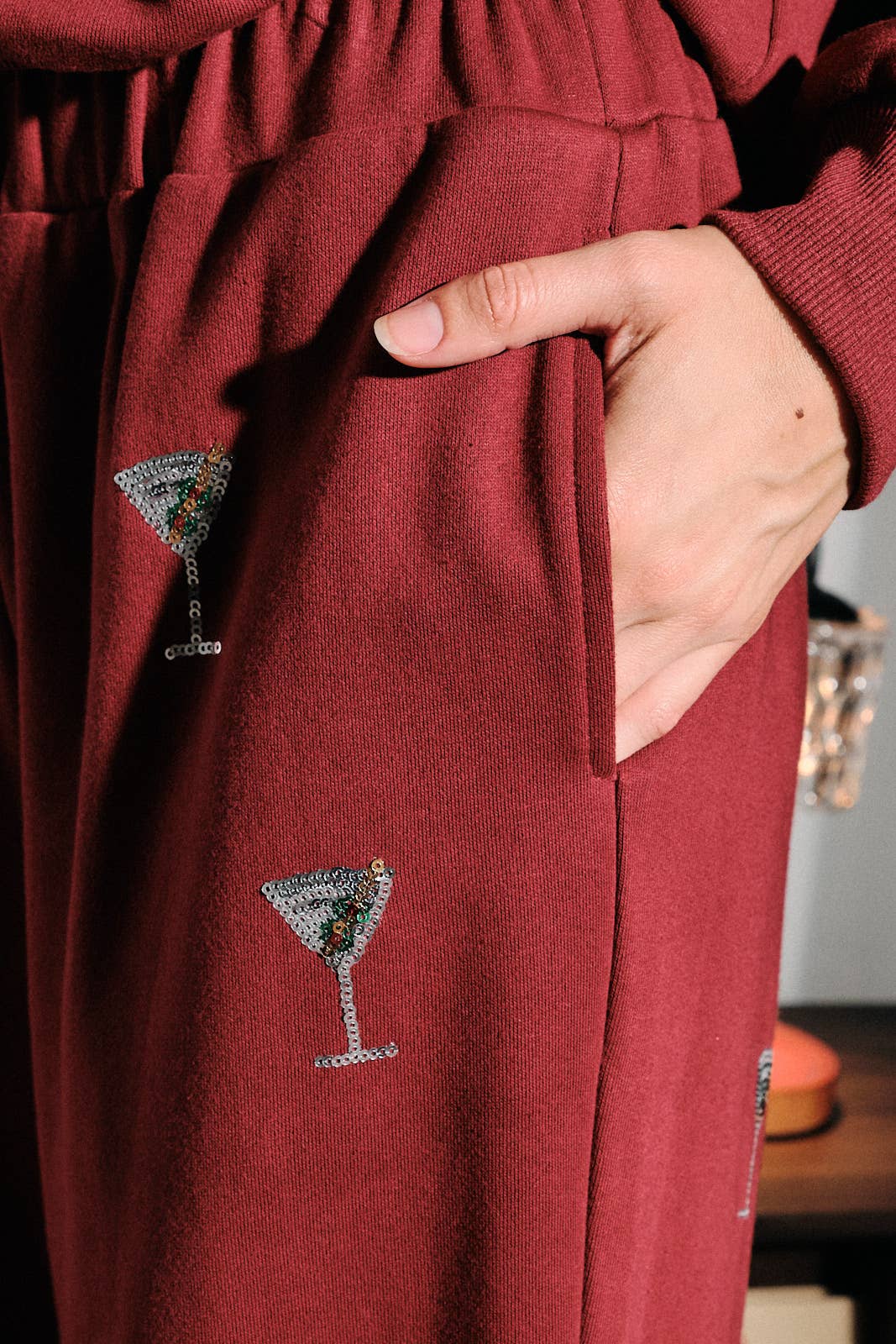 Sequin Martini Embroidered French Terry Sweatpants: Burgundy / S