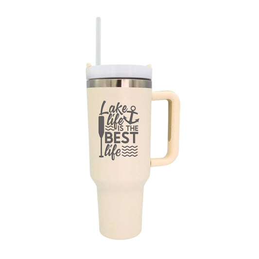 40 Oz. Lake Life Engraved Handled Cup With Straw: Rose Quartz