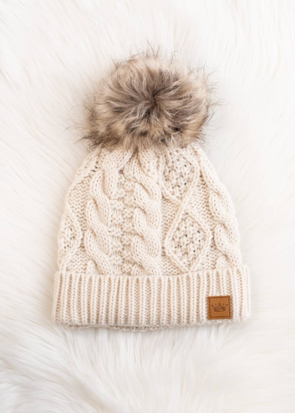 Beige Cable Knit Pom Hat