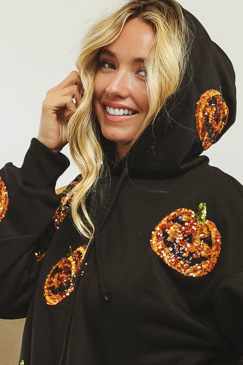 SEQUIN PUMPKIN PATCHES ALLOVER HOODIE