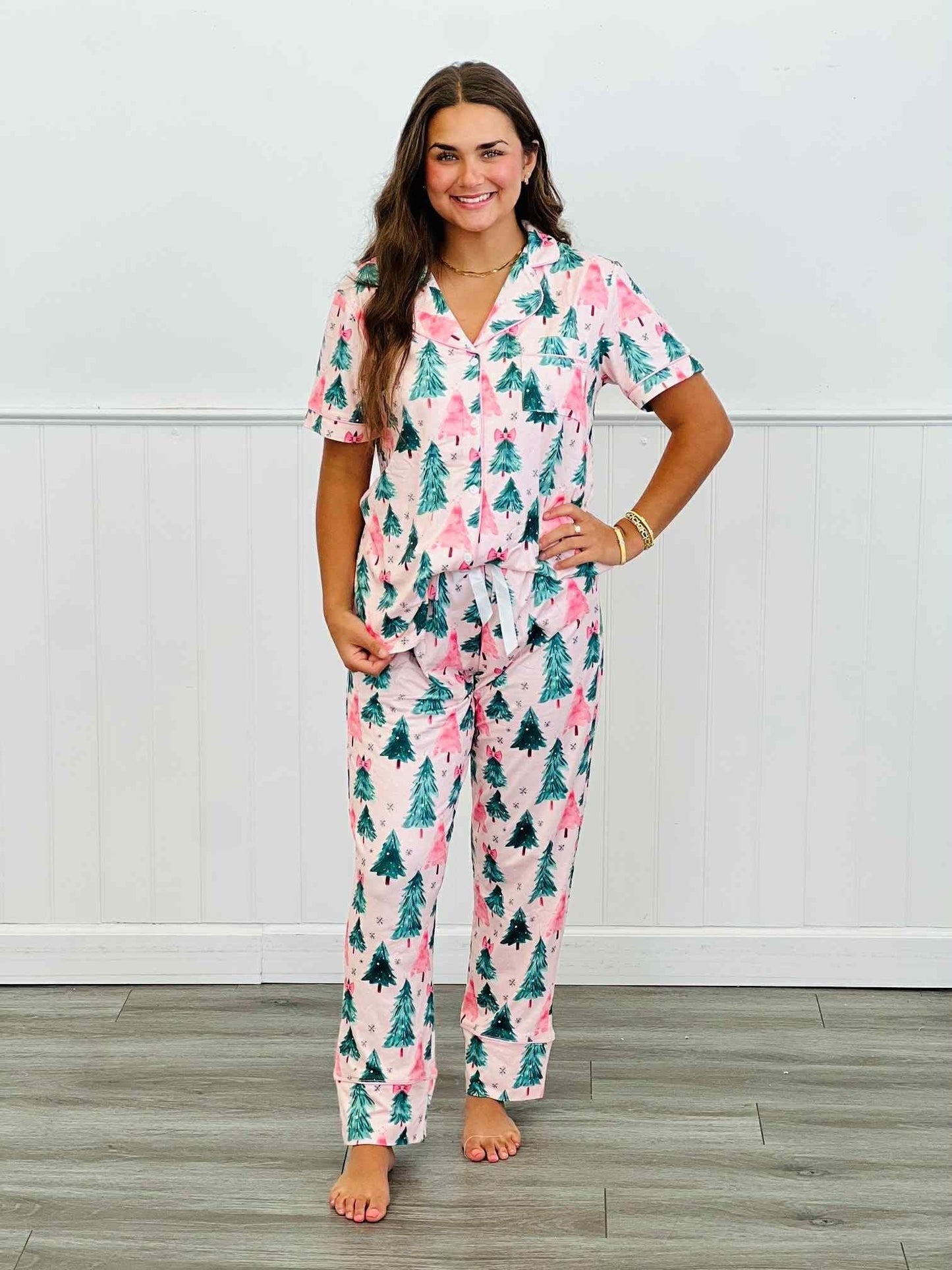 Shirley & Stone Pink Trees Button Down Pajamas