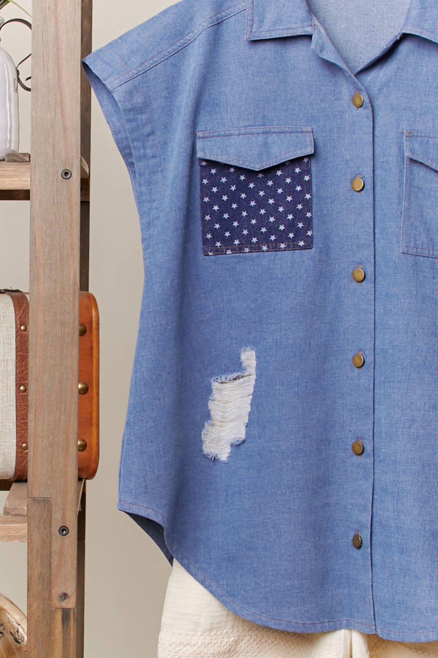 American Flag Denim Vest: Denim / M