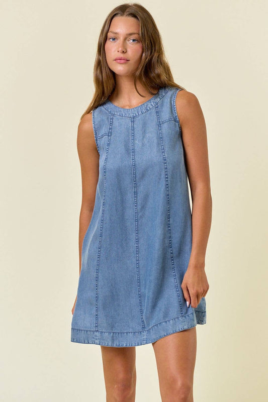 Chambray Round Neckline Sleeveless A-Line Dress