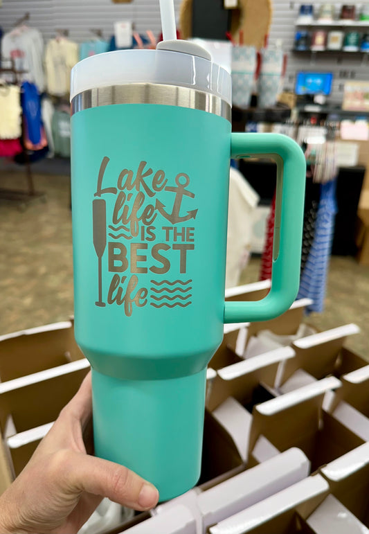 40 Oz. Lake Life Engraved Handled Cup With Straw: Teal