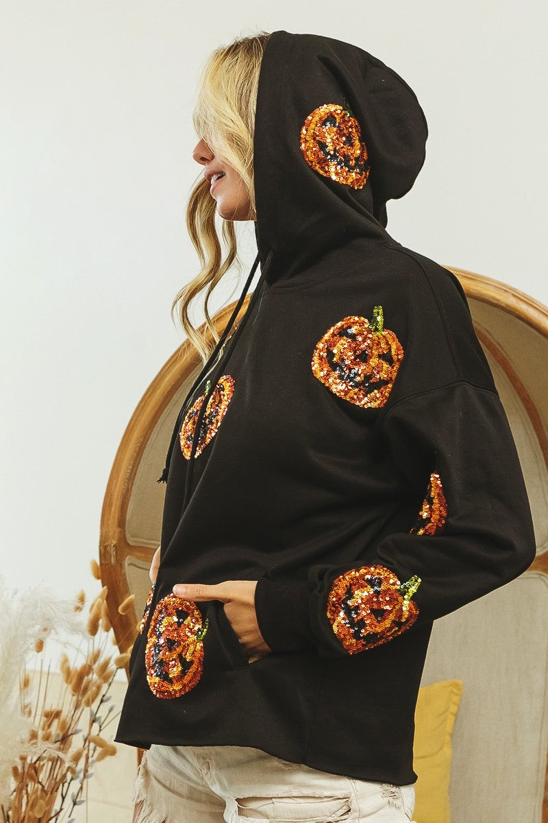 SEQUIN PUMPKIN PATCHES ALLOVER HOODIE