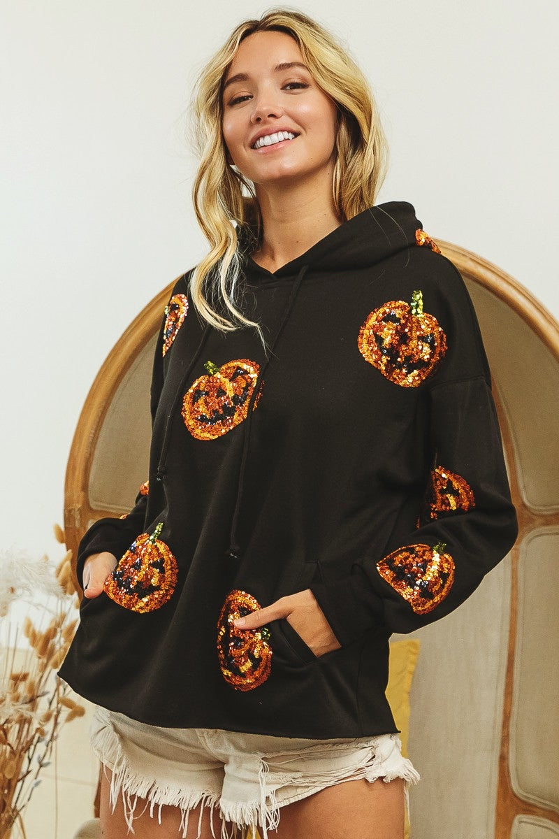 SEQUIN PUMPKIN PATCHES ALLOVER HOODIE