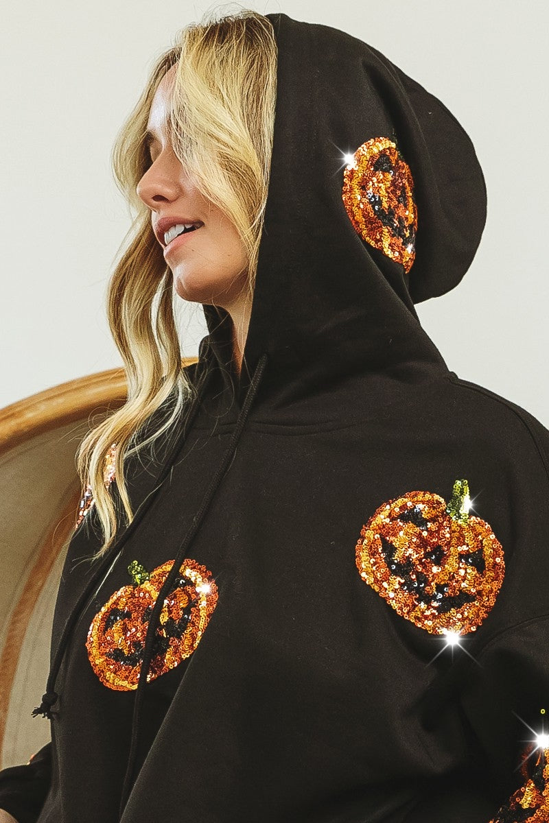 SEQUIN PUMPKIN PATCHES ALLOVER HOODIE