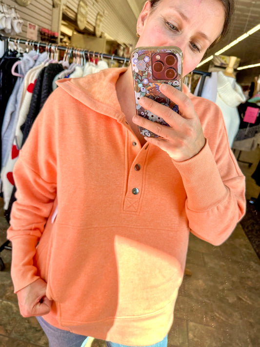 Half Button Fleece Hooded Pullover - Heather Coral