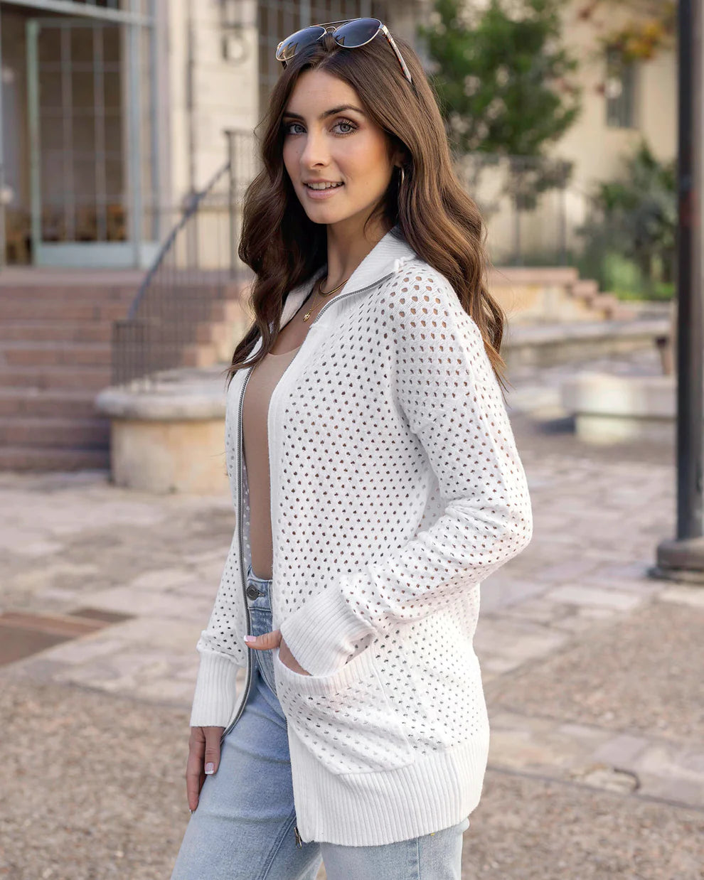 Grace & Lace Open Knit Zippered Cardigan