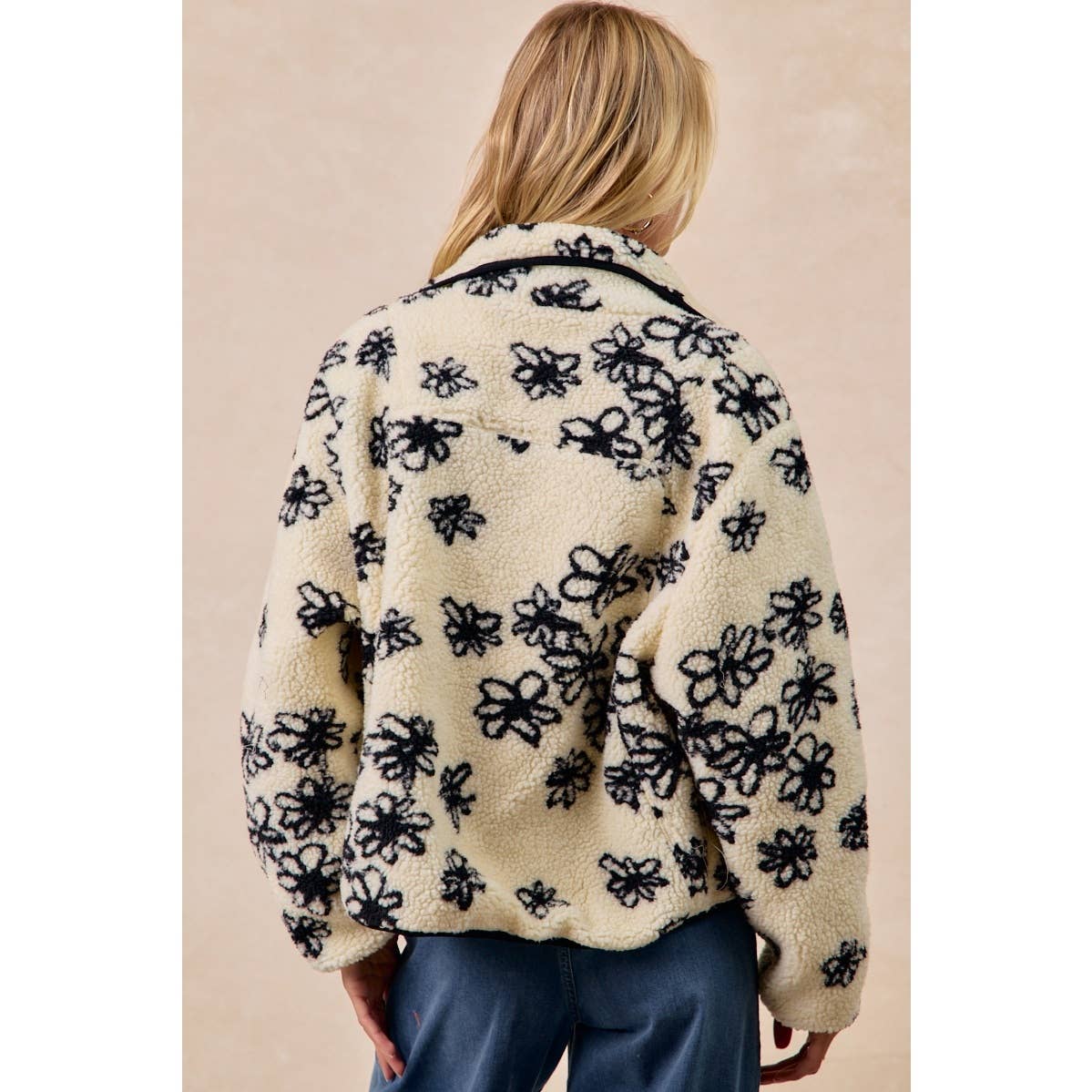 FLORAL PATTERN PIPING DETAIL FLEECE JACKET: IVORY/BLACK / XL