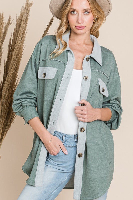 Plush Button Up Oversized Jacket - Vintage Green