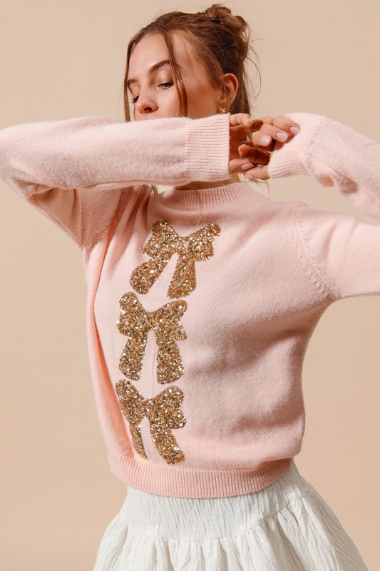 Sequins Bow Ribbon Embellished Holiday Sweater Top - Blush/Gold