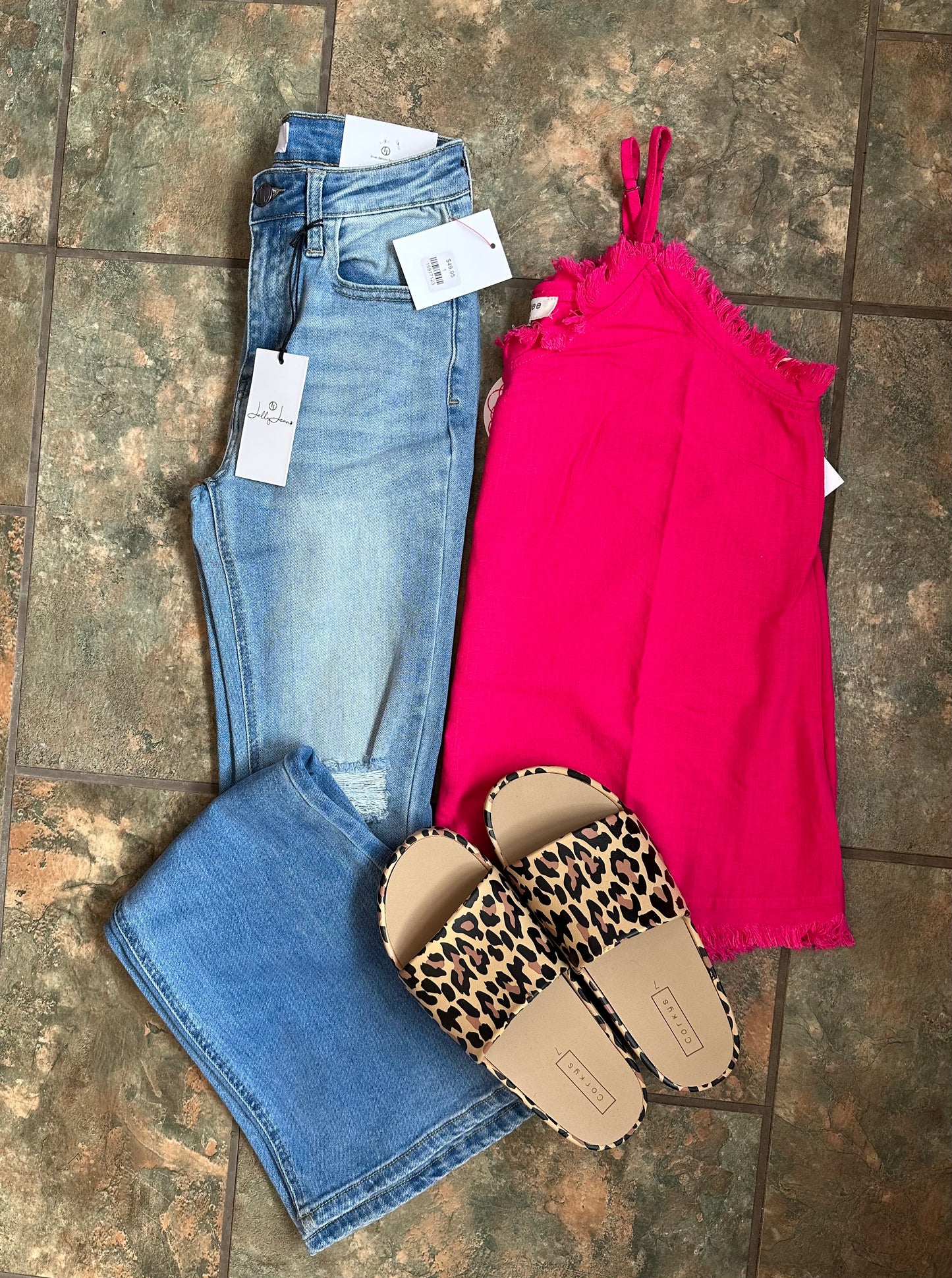 Hot Pink Linen Raw Edge Spaghetti Strap tank
