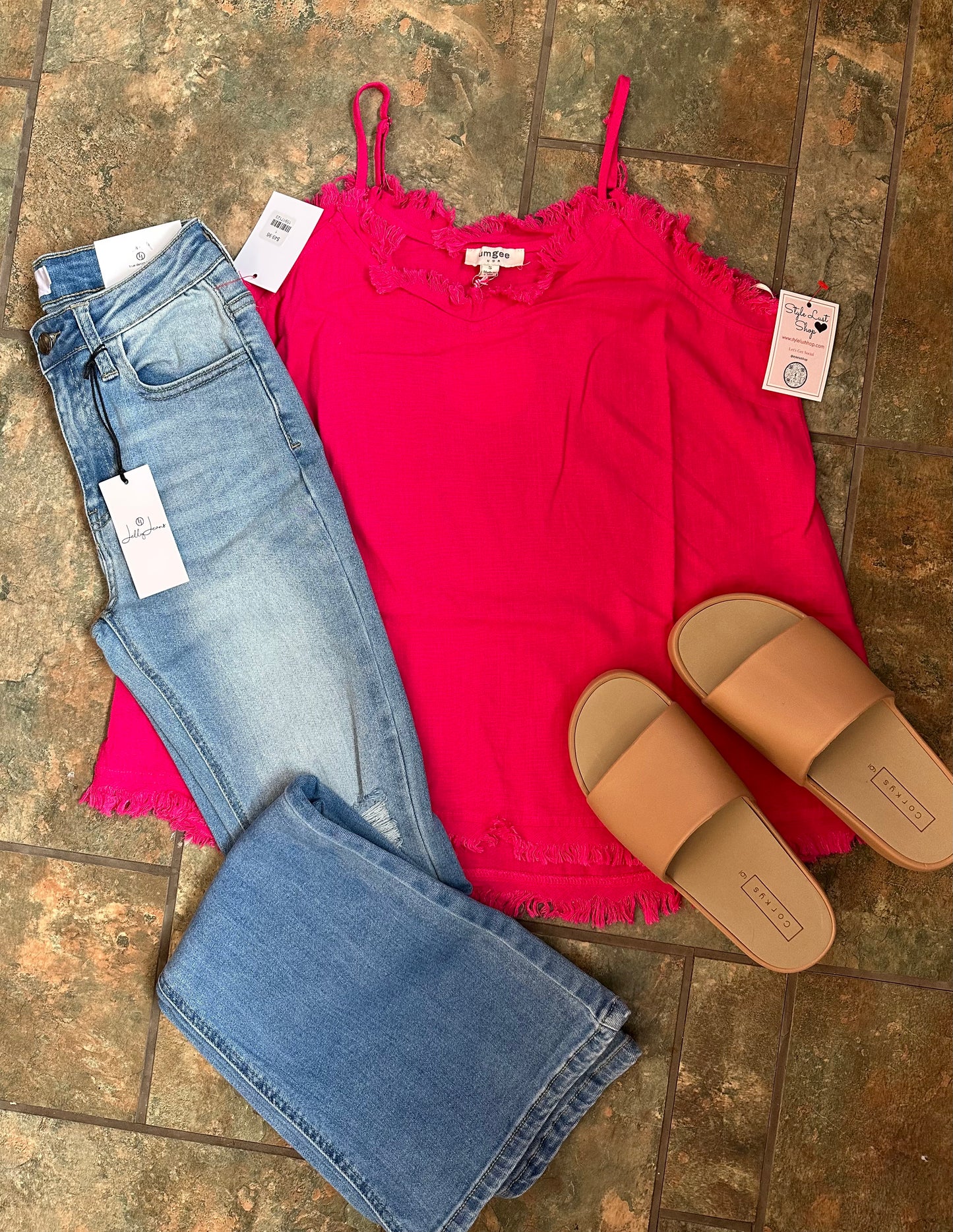 Hot Pink Linen Raw Edge Spaghetti Strap tank