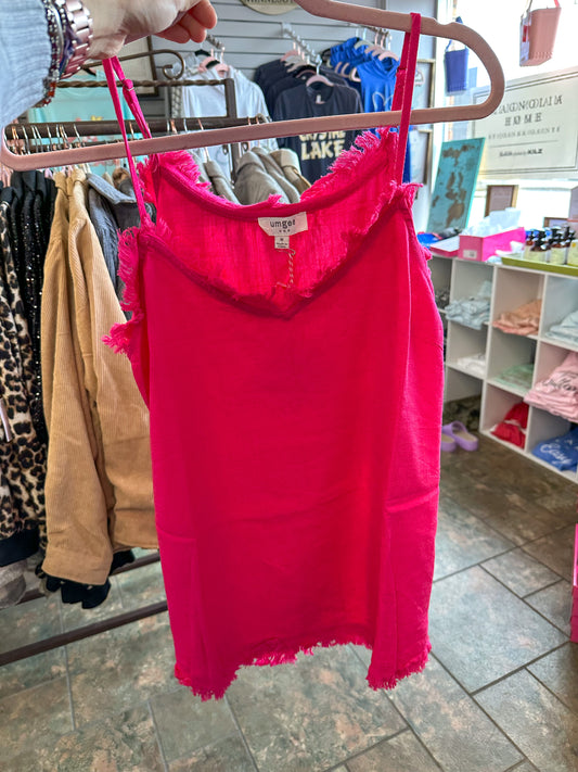 Hot Pink Linen Raw Edge Spaghetti Strap tank