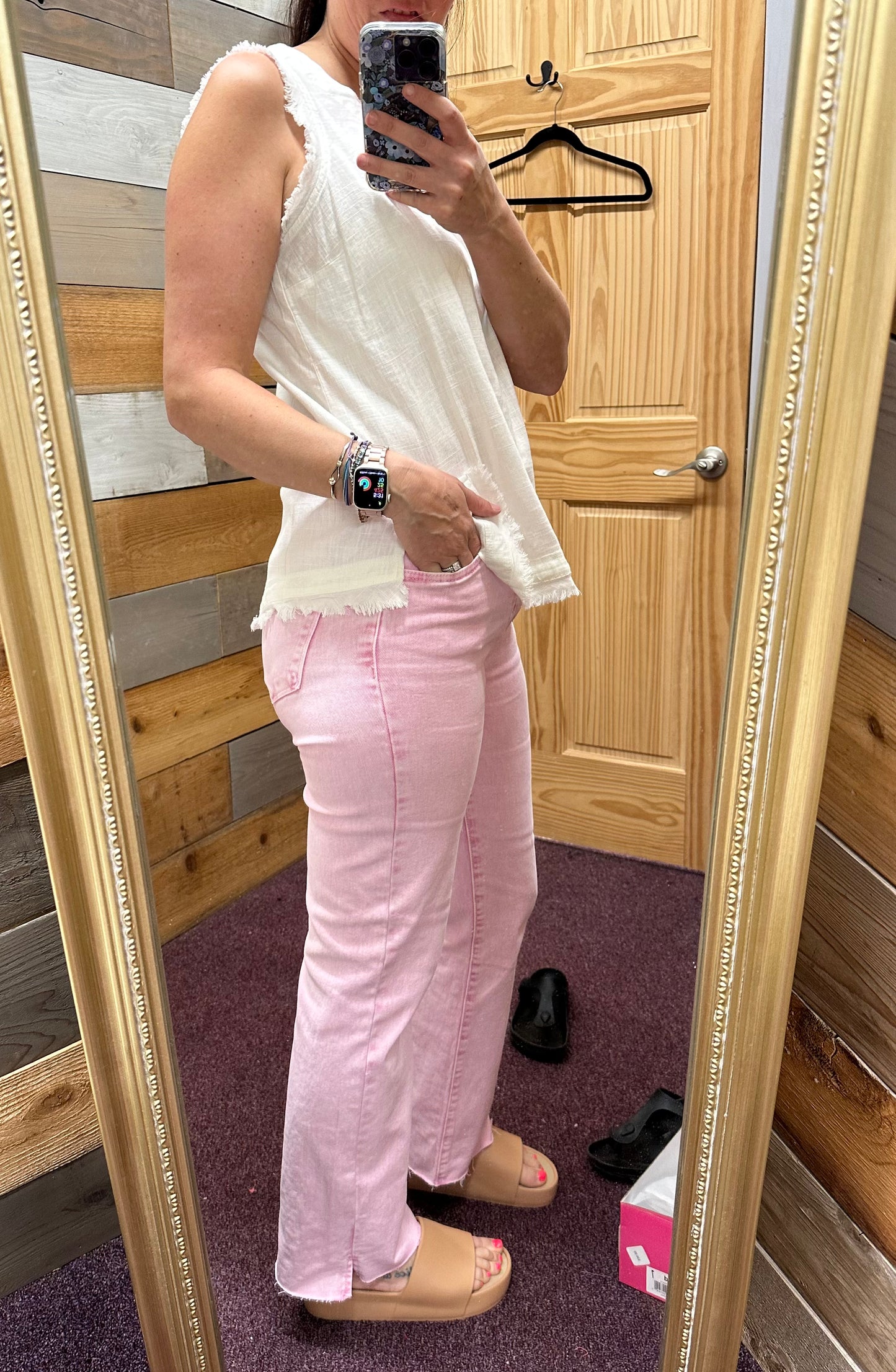 Risen High Rise Tummy Control Raw Hem w/Side Slits Straight Pants