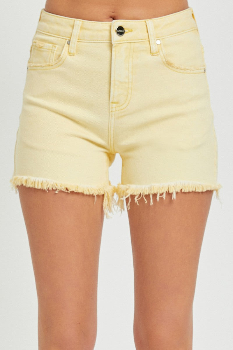 Risen High Rise Fray Hem Shorts - Pale Yellow