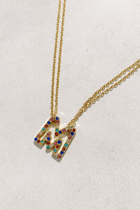 Multi Color Rhinestone Initial Necklace