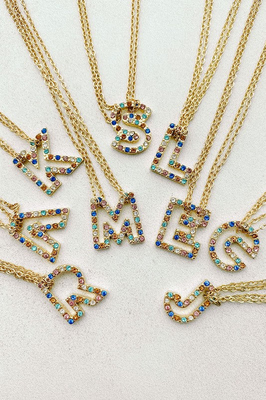 Multi Color Rhinestone Initial Necklace
