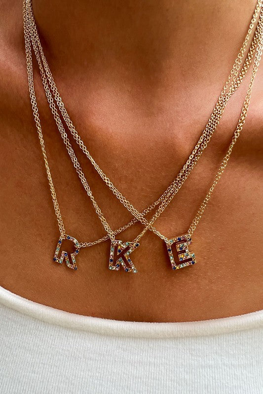 Multi Color Rhinestone Initial Necklace